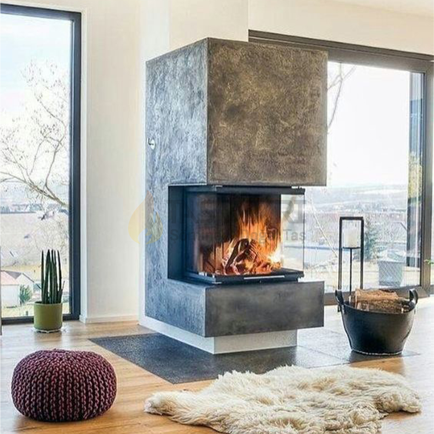 Three-Sided Wood-Burning Fireplace 56